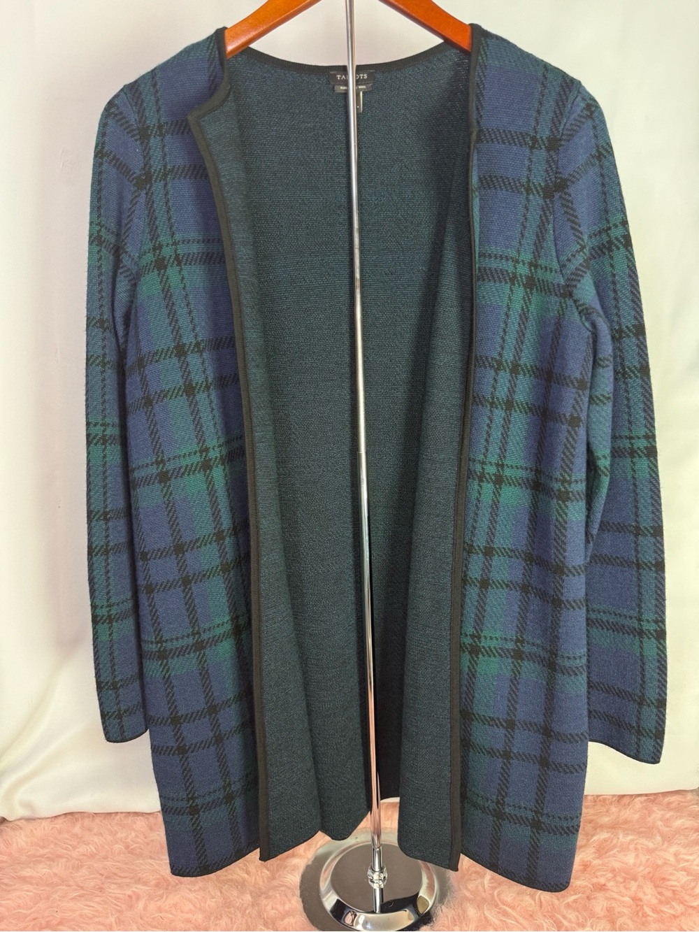 Talbots - 100% Merino Wool Open-Front Plaid Cardigan in Navy Green - Size MP